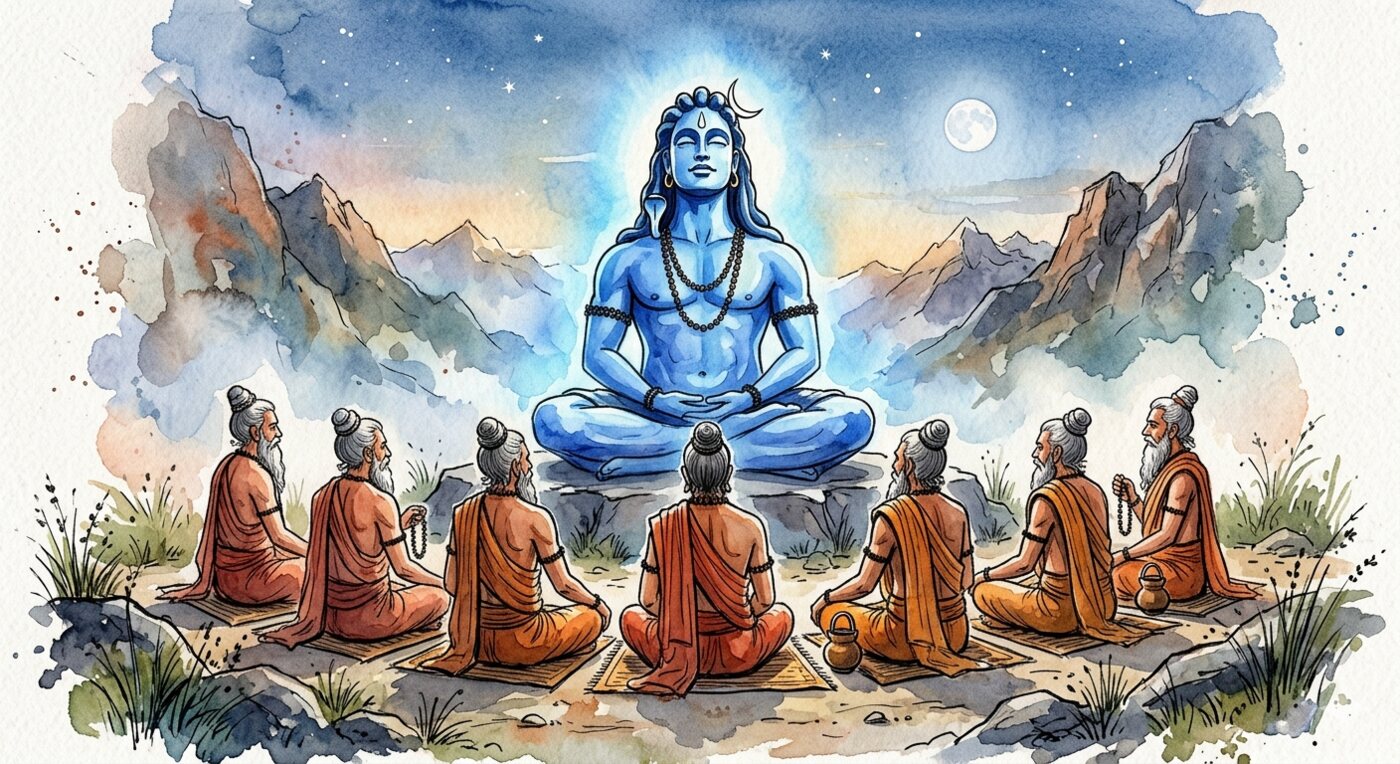 Adiyogi transmitting the science of yoga to the seven Sapta Rishis in the Himalayas